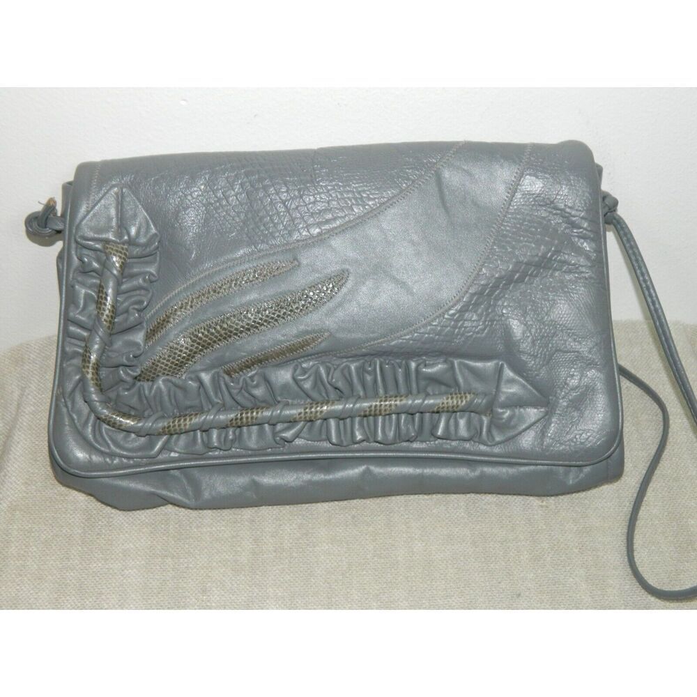 Roselli Hangbag Gray Leather Snakeskin Ruffle Vintage ‎ Oversized Purse